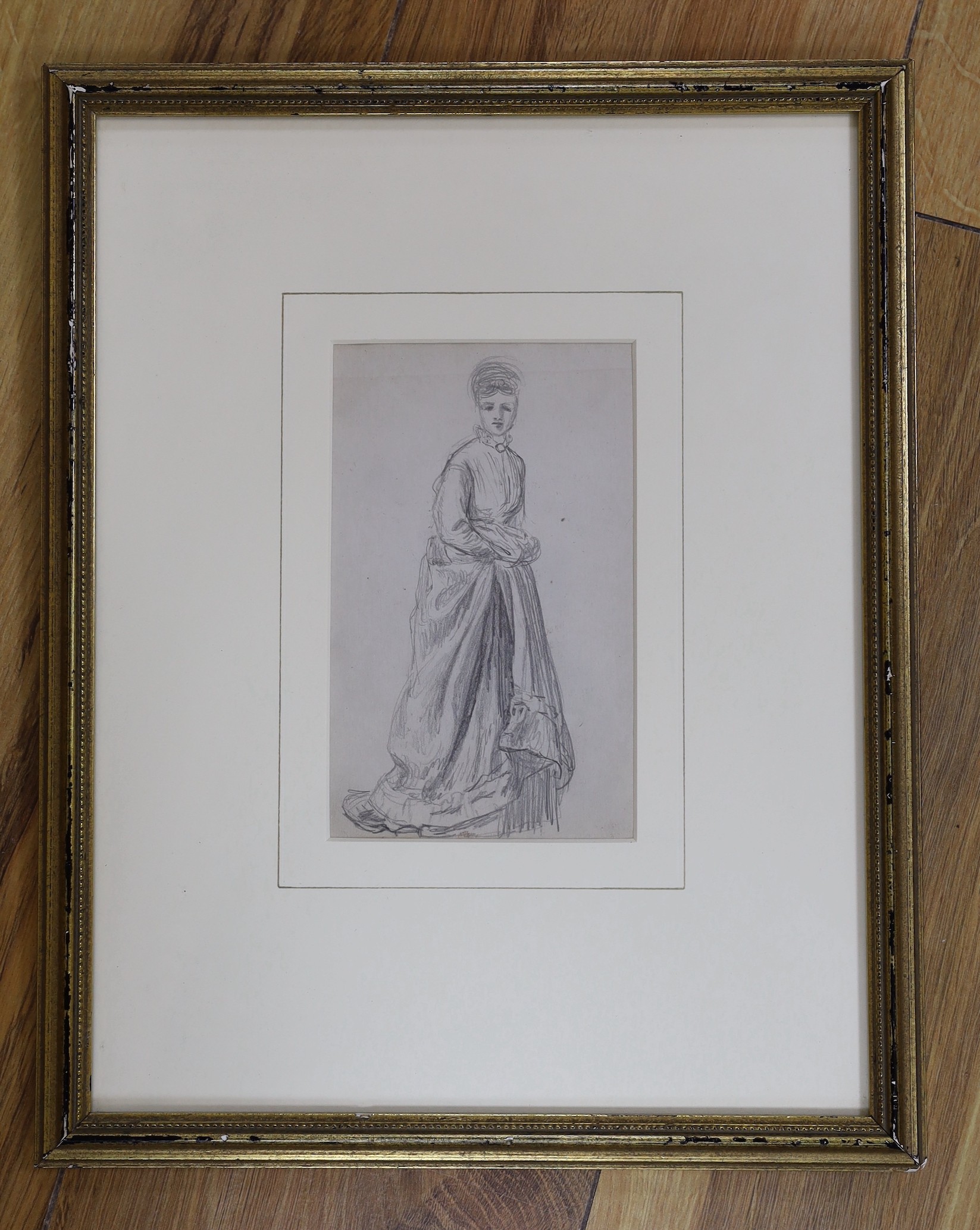Helen Allingham (1848-1926), pencil sketch, Study from life of a standing woman, label verso, 15 x 9.5cm